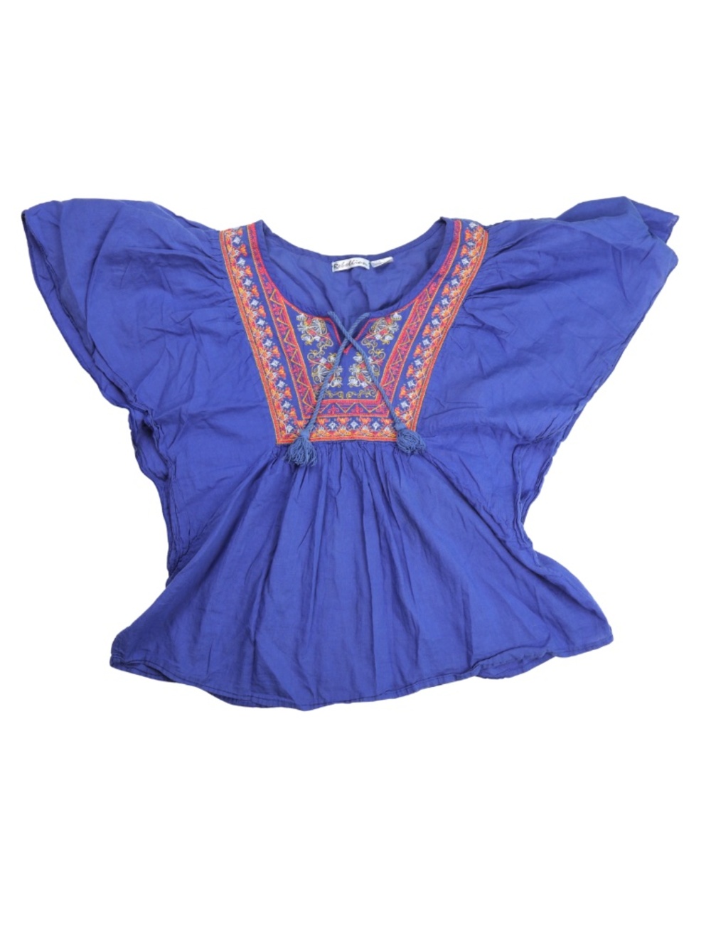 Rebellion Blue Embroidered Boho Flutter Sleeve Blouse Women's Medium